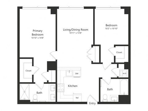 Floor plan for 2 beds, 2 baths, 985 sqft